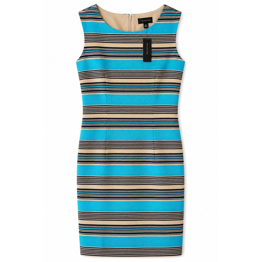The Limited Dress Size 10 NWT Linen Cotton Striped Turquoise Sheath Career